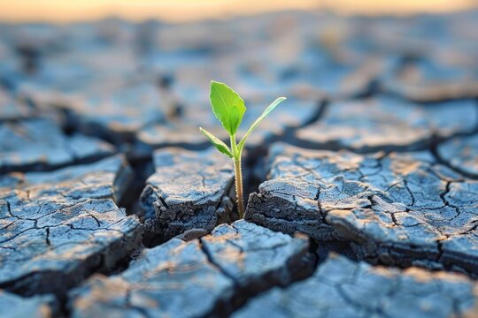 Green seedling growing from crack in the ground, global warming concept