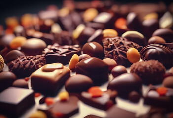 Assorted gourmet chocolates in various shapes and sizes, featuring dark, milk, and white chocolate with nuts and caramel fillings. International Chocolate Day. - obrazy, fototapety, plakaty