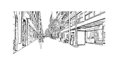 Print Building view with landmark of Santa Cruz de Tenerife is the city in Canary Islands. Hand drawn sketch illustration in vector.