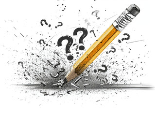 Obraz premium A pencil breaking through a barrier of question marks, representing breakthroughs in inquiry and curiosity.
