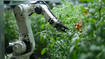 Robot working in a greenhouse. Industrial robot working in a greenhouse