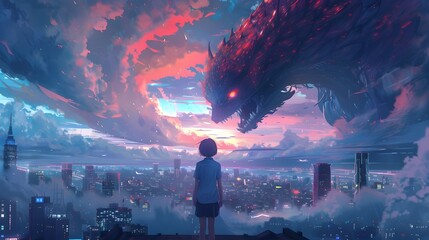 Enigmatic Techno Animals Soaring Over Futuristic Cityscape in Dramatic Anime Inspired Sky - obrazy, fototapety, plakaty