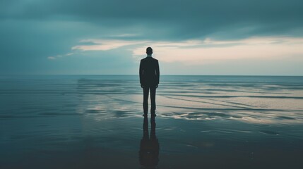 Man standing on beach, looking at ocean