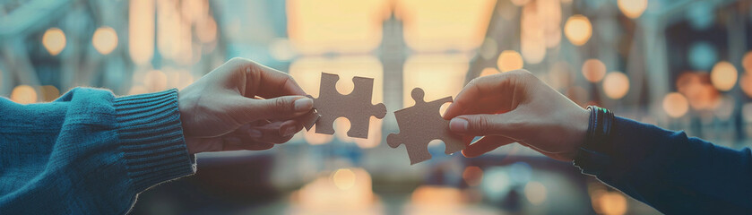 Two business leaders holding puzzle pieces, with a completed bridge in the background, symbolizing teamwork.