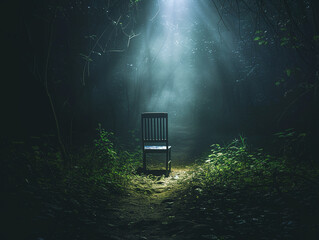 A chair at the end of a pathway lit by spotlights, inviting an individual to step into a role full of opportunity and excitement. - obrazy, fototapety, plakaty