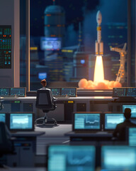 An animated discussion in a mission control room, with a live feed of a rocket launch, symbolizing competition-driven innovation.