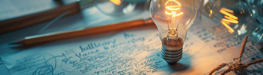 A bright light bulb over a pencil and a series of questions, illustrating the connection between inquiry and ideas.