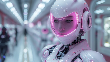 The man of the future, a robotic woman in a helmet