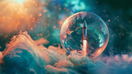 Rocket flying through bubble in the sky