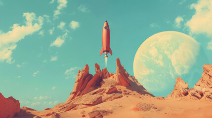 Red rocket flying through blue sky from a whimsical, oversized desert