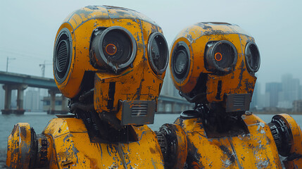 Two old robots workers humanoids 