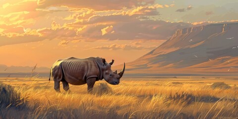 A rhinoceros standing alone, the savanna grasses waving gently in the evening breeze, with the...