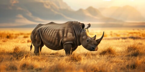 A rhinoceros standing alone, the savanna grasses waving gently in the evening breeze, with the backdrop of a sun-kissed mountain range. - obrazy, fototapety, plakaty