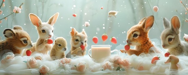 Friendly Animal Companions Sharing Warm Strawberry Milk in Whimsical Pastel Mist