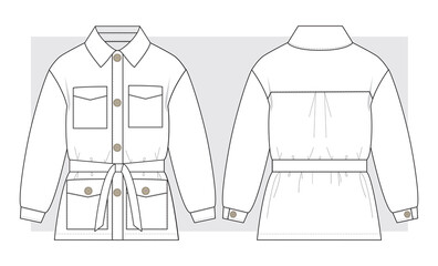 Shirt jacket with ties at the waist technical sketch. Vector illustration.