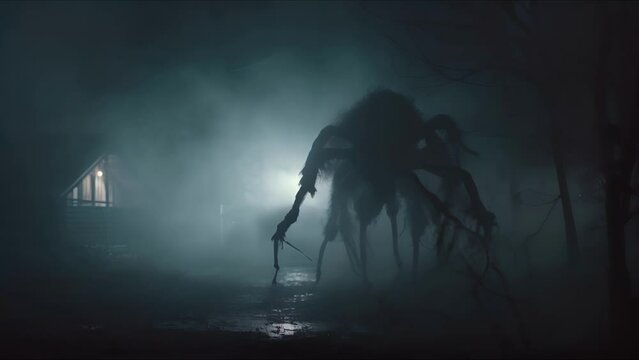 Scary night city in the fog. Giant monster spider. Nightmare in the moonlight. Halloween, horror and thriller concept. AI-generated.