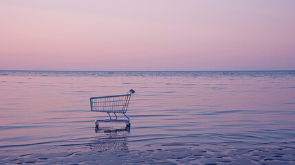 Shopping cart adrift in the ocean on beach - obrazy, fototapety, plakaty