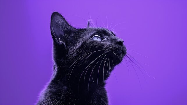 Close up of a black cat on purple background