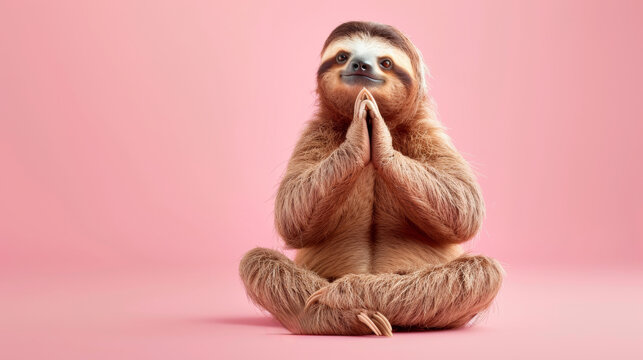 Sloth practicing yoga pose on pink background