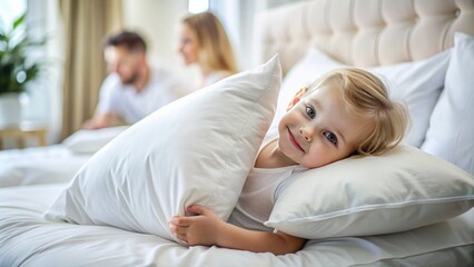 Cheerful child with a pillow in a luxury bed in bed colors. Parents in the background
