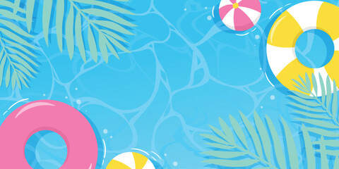 Hello Summer water surface background vector. Blue sea hand drawn backdrop design of ocean, sea, pool, swim ring, beach ball, palm leaf. Tropical summer time illustration for cover, promotion, sale. © TinyBell