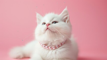 White cat wearing pink pearl necklace on pink background - obrazy, fototapety, plakaty