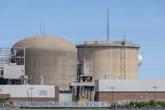 Pickering Canada, May 24, 2022; Close up of one of generating units containment buildings at the Ontario Power Generation Pickering Nuclear electric  plant on the shore of Lake Ontario near Toronto