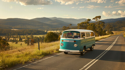 A road trip adventure in a vintage van, winding through picturesque countryside roads, with stops at roadside farmers' markets and local landmarks. - 784614670
