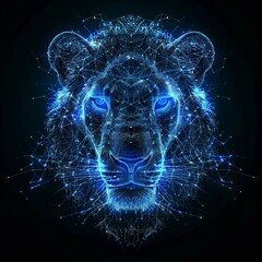 blue digital  hologram lion head , ai in wildlife conservation efforts, habitat monitoring systems, animal behavior analysis, and ecological balance preservation. lion wireframe low poly. 
