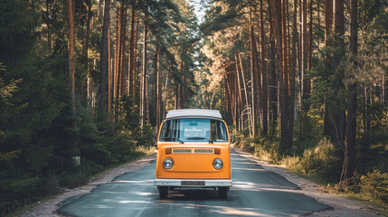 A road trip adventure in a vintage van, winding through picturesque countryside roads, with stops at roadside farmers' markets and local landmarks. - 784614813
