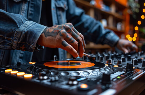 Skilled DJ meticulously adjusts the mixer to transition between tracks, surrounded by the glow of the club's ambient lighting