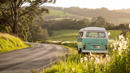 Fototapeta premium A road trip adventure in a vintage van, winding through picturesque countryside roads, with stops at roadside farmers' markets and local landmarks.