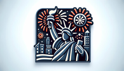 3D Statue of Liberty Icon with Firework Backdrop in US Independence Day Poster Theme
