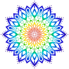 Rainbow mandala on white background. Symbol of peace and spirituality. Bright round ornament. Boho floral oriental pattern. Printable indian home decor.