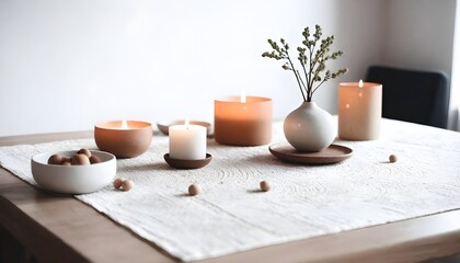 Fototapeta na wymiar Clean Aesthetic Scandinavian style table with decorations. Zen. Spiritual 