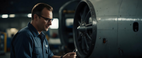 Airplane Maintenance Technician Conducts Routine Checks to Ensure Airworthiness in Candid Daily Work Environment - Photo Real Aviation Maintenance Scene - obrazy, fototapety, plakaty