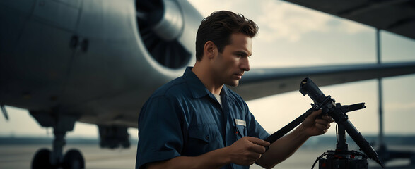 Skillful Aircraft Mechanic Performs Maintenance Checks for Airworthiness in a Candid Daily Environment and Routine of Work - obrazy, fototapety, plakaty
