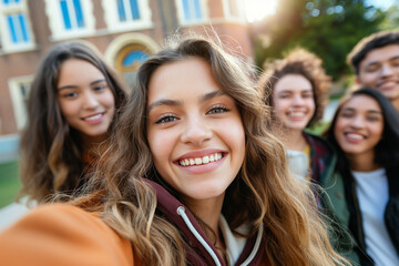 Fototapeta premium Group of happy female teenagers taking selfie outdoors together.