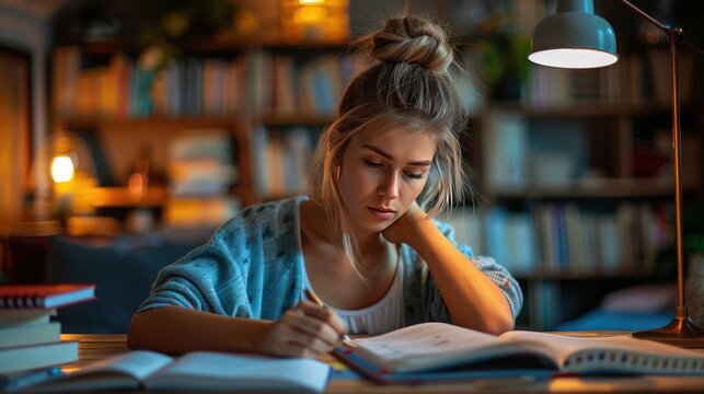 Young student stressed during exam. Student preparing for exam. Writing assignments. Generative Ai