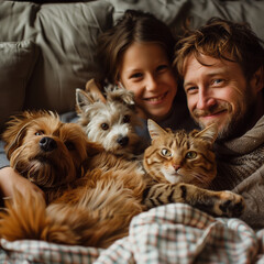 Parents and kids, with cat and dog in couch smiling, happy family with animals