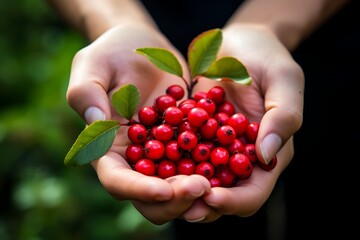 Fresh Bearberry. Hand holding Bearberry fruits
