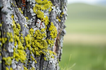 Close-up of moss and lichen on a tree trunk