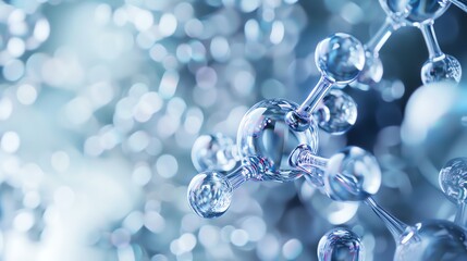 A 3D rendering of a water molecule on a blue background.