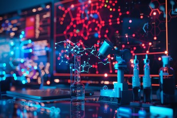 A laboratory with a microscope, a beaker, and a computer. The background is a glowing blue and red.