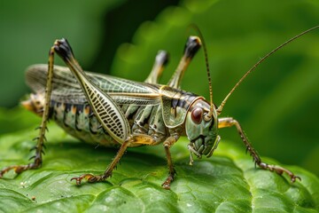 Close-up of a cricket on a green leaf