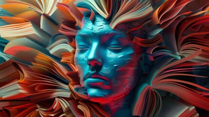 A 3D rendering of a woman's face made of colorful paper. - obrazy, fototapety, plakaty