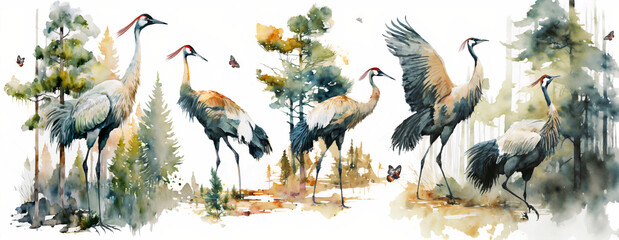 Naklejka premium Wallpaper - Watercolor digital painting of a Crane amidst lakes in the forest with bright colors