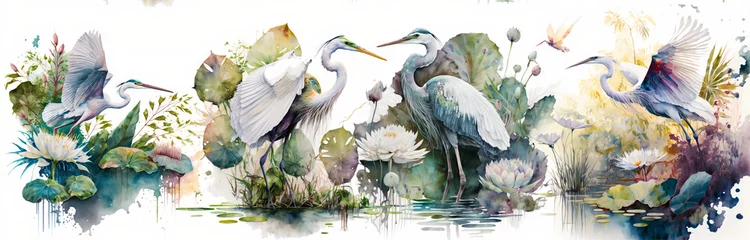 Foto op Plexiglas Watercolor wallpaper Digital drawing of a water heron with lotus plants in the lake for a natural view and quiet colors  © haitham