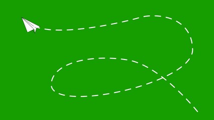 Animated Paper Airplane Running on Dash Track with Green Background. 4K animation footage  paper plane. suitable for travel and business presentation