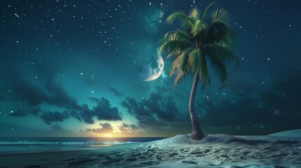 Fototapeta na wymiar Palm tree on night sandy beach